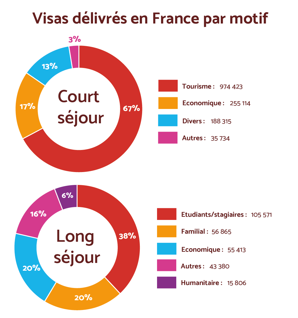 Diagramme en camembert sur les visas délivrés en France par motif